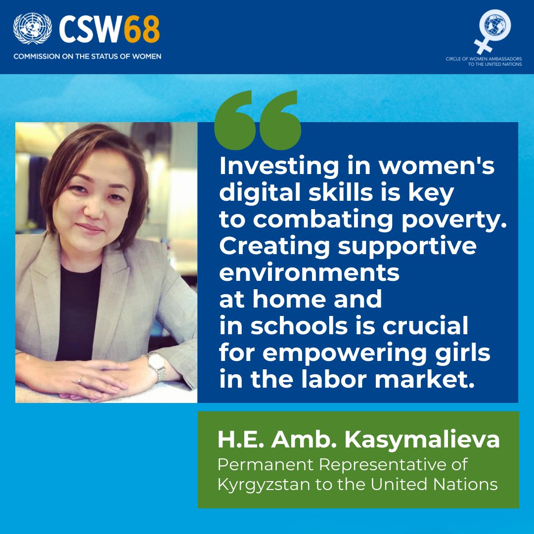 The Circle of Women Ambassadors to the @UN are committed to achieving #GenderEquality and the empowerment of all women and girls and working towards ending women’s poverty. This is the message of H.E. Kasymalieva of Kyrgyzstan. #CSW68 #InvestInWomen