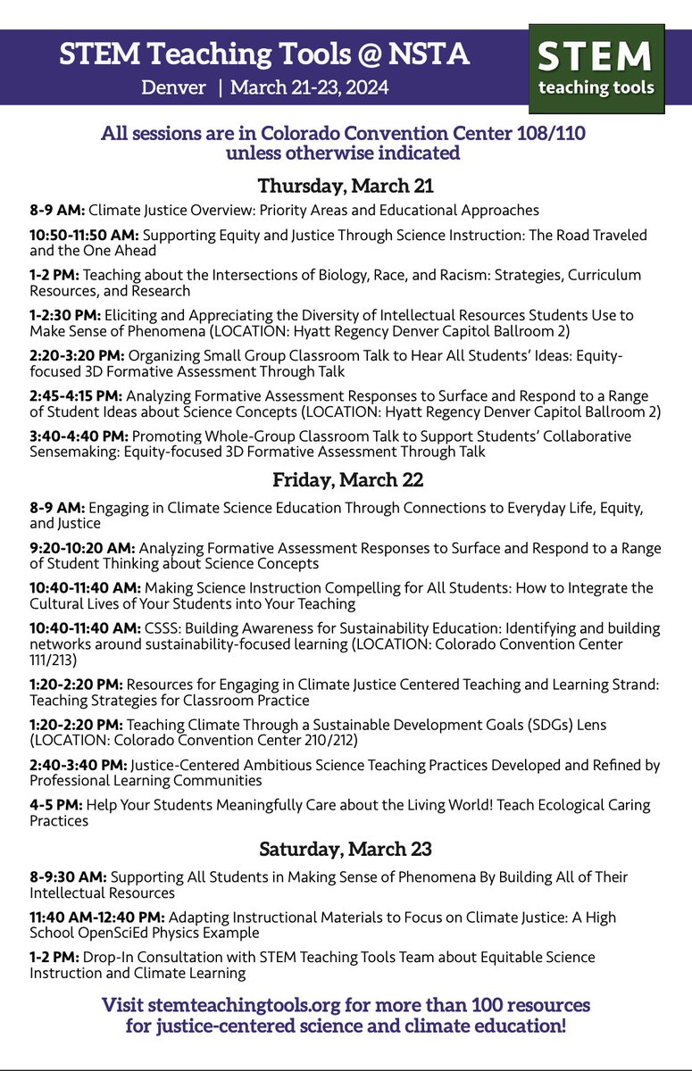 PLS RT #NGSSchat #SciEd #NGSS Here is the full list of @STEMTeachTools sessions at #NSTA24. Descriptions for each session are available on the the @NSTA program under the STEM Teaching Tools Pathway and on our site… ▶️ stemteachingtools.org/link/nsta-Denv…