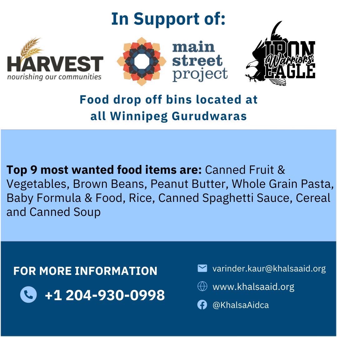 Marking the 25th anniversary of Khalsa Aid and celebrating Sikh Heritage month Team #Winnipeg is having their Annual Vaisakhi food drive. 

Team Winnipeg and Sikh  Heritage of Manitoba are collecting non-perishable food items until April 14th.

Please visit any Gurdwara near you
