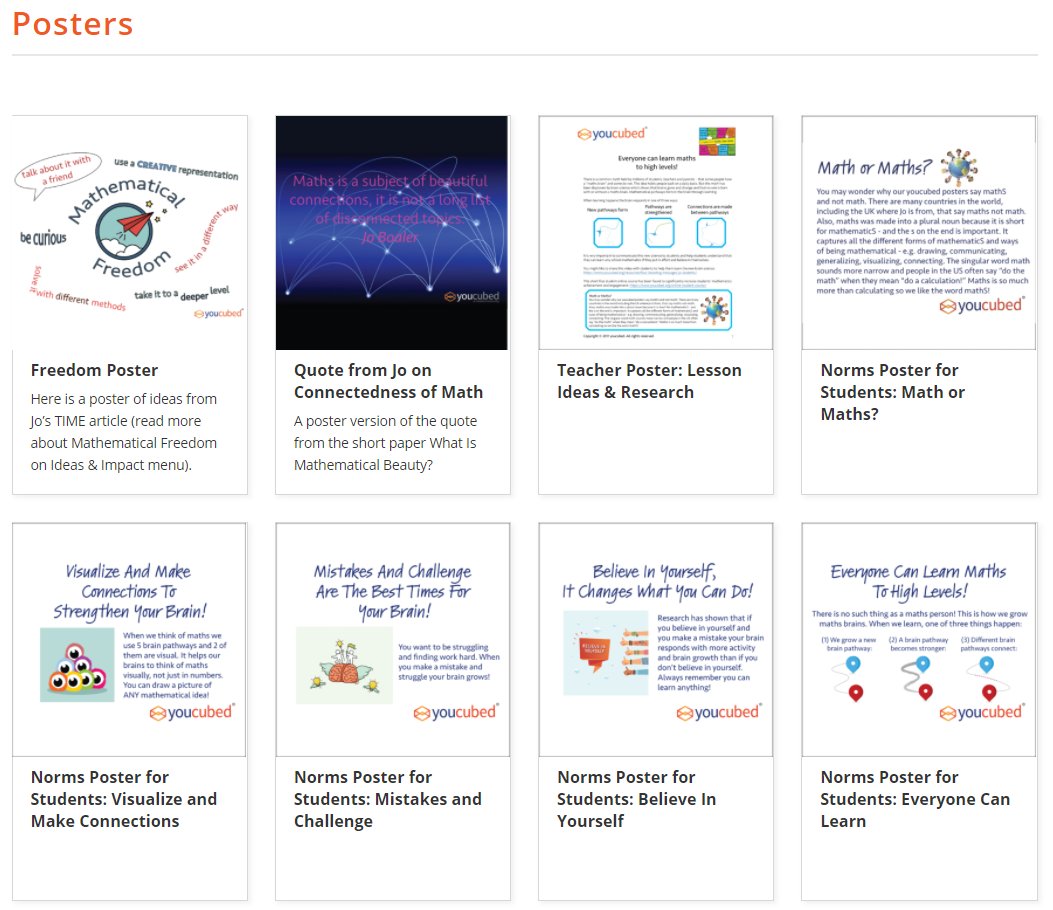 Are you looking for some growth mindset posters you can print out and hang up in your room?  Then check out these free resources from <a href="/joboaler/">Jo Boaler</a> and <a href="/chaoskeeper11/">Cathy Williams</a> at @YouCubedOrg: youcubed.org/resource/poste… #iteachmath
