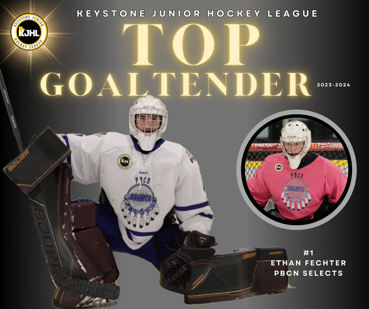 KJHLSelects's tweet photo. KJHL Top Goaltender Award Winner 2023-2024 Season is PBCN Selects Ethan Fechter. Congratulations Ethan!! https://t.co/YZBsvMqvEv