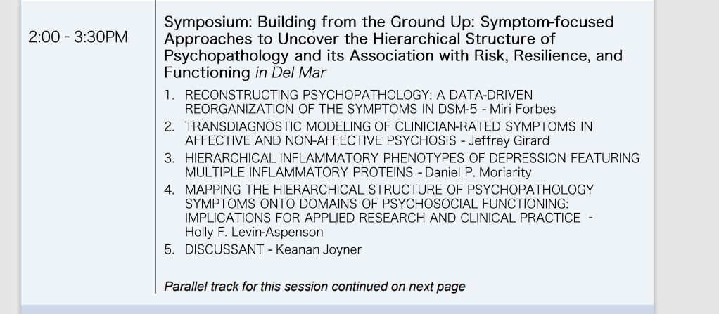 Are you at @HiTOP_system and want to hear the brilliance of @MiriForbes @jeffreymgirard @HFLA_PhD & @keanan_joyner on bottom-up approaches to psychopathology (and I guess I'll be there too)? Then stop by our symposium Sunday @ 2:00 pm! @SPA1938