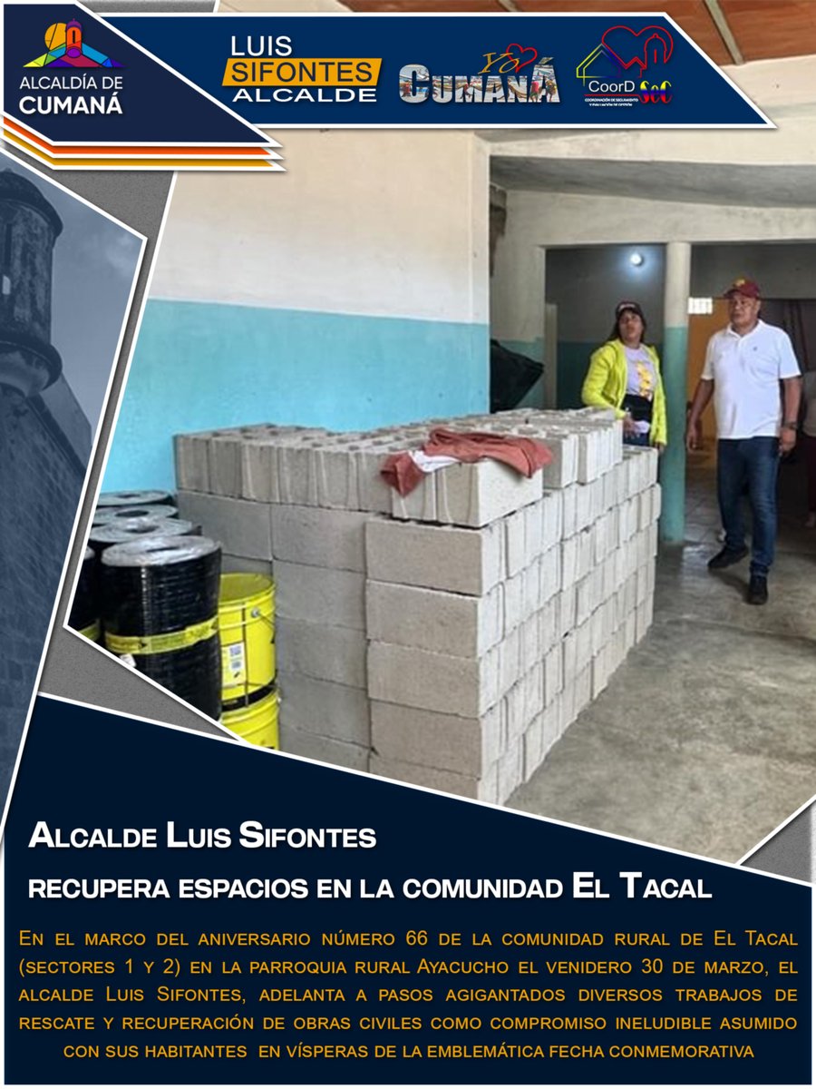 YO❤️CUMANÁ

Homenaje a los pobladores de El Tacal por su fundación con obras beneficiosas, lideradas por el alcalde <a href="/lossifontes/">LUIS JAVIER SIFONTES</a>

#MiPatriaEstáVenciendo
<a href="/NicolasMaduro/">Nicolás Maduro</a> <a href="/dcabellor/">Diosdado Cabello R</a>