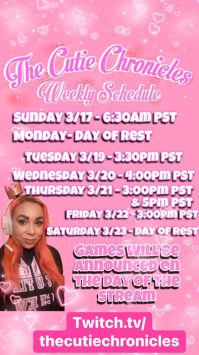 🎀Hey Cuties!🎀
Here is what’s happening this week in the Cutie Castle! Full schedule . Games are still up in the air. I hope you take time to come check me out at some point this week. #twitchstreamer #WeeklyGrooves #Schedule #thatcutemomforpartner #SupportEachOther