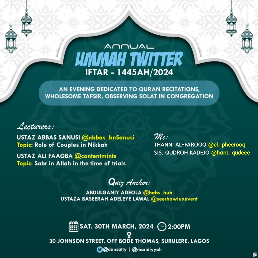 The most anticipated Annual Ummah Twitter Iftar is here!!! Kindly check flyer for more details. Repost for someone on your TL too.