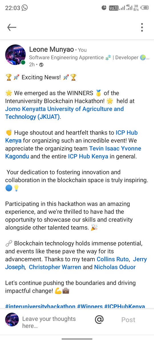 leonemunyao's tweet photo. Thank you @icphub_KE for this great opportunity. Looking forward to more great wins.
https://t.co/avfmr5iNnA
@isaactevin @kagondu_yvonne
#100DaysOfALXSE
#icphubkenya #interuniversityhackathon https://t.co/8sAM0QvAk8