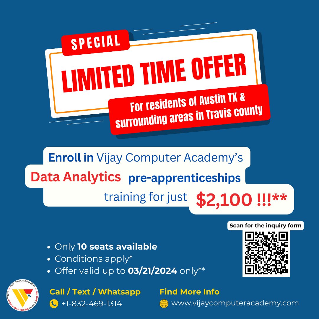 VCA presents a unique opportunity for residents of Austin, TX, and surrounding areas in Travis County. 💼 Secure your spot for just $2100 vijaycomputeracademy.com/enroll-apprent… Offer valid until 03/21/2024** Conditions apply* #apprenticeship #data #dataanalytics #texas #austin #travis