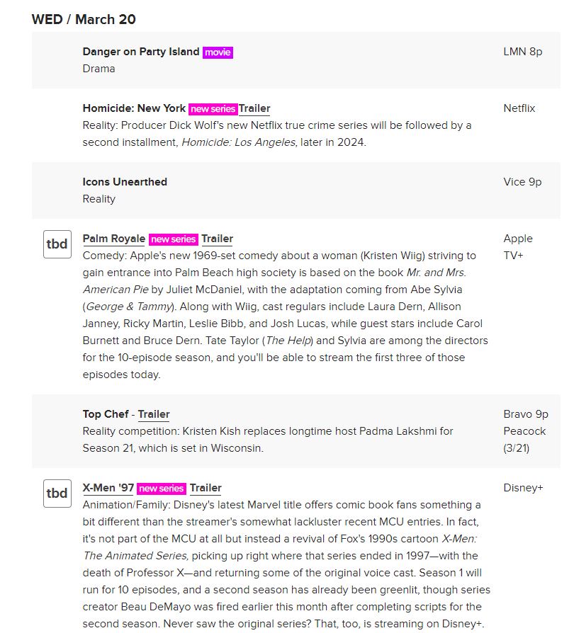 BrightlyAgain's tweet photo. Pt 2: #tvshow #tvviewing #shows PREMIERE DATES FOR NEW AND RETURNING SHOWS AND SPECIALS
From: SAT / March 16 - SUN / March 24
https://t.co/0sNDA9IOSi https://t.co/PEmRgqJ1gg