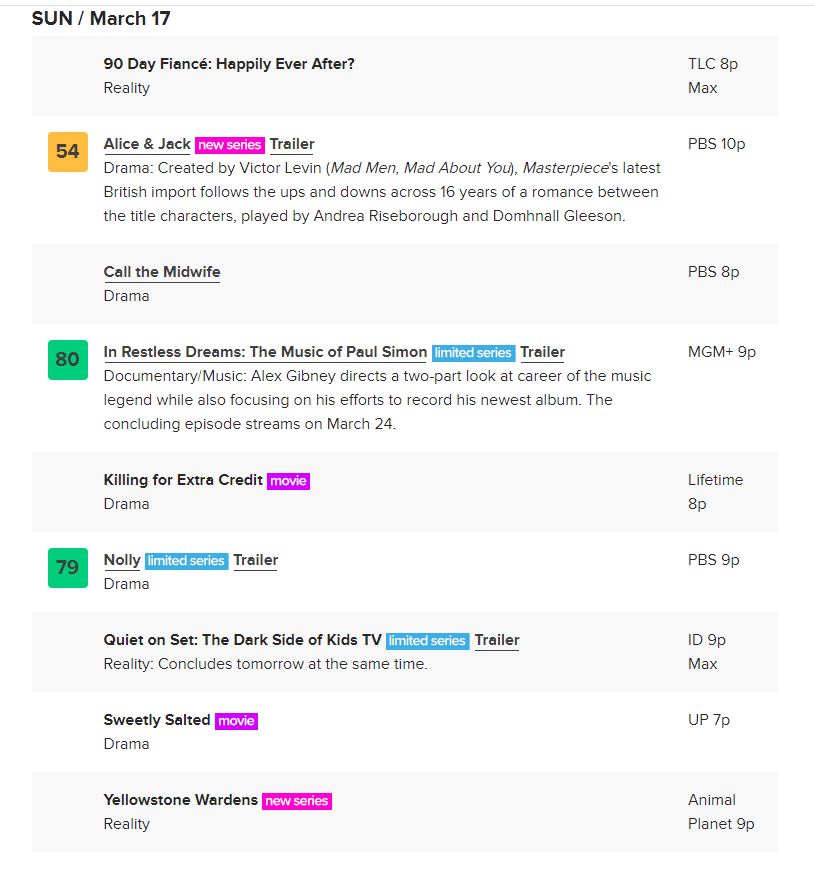 BrightlyAgain's tweet photo. #tvshow #tvviewing #shows PREMIERE DATES FOR NEW AND RETURNING SHOWS AND SPECIALS
From: SAT / March 16 - SUN / March 24
https://t.co/0sNDA9IOSi https://t.co/y7VxTFGfJn