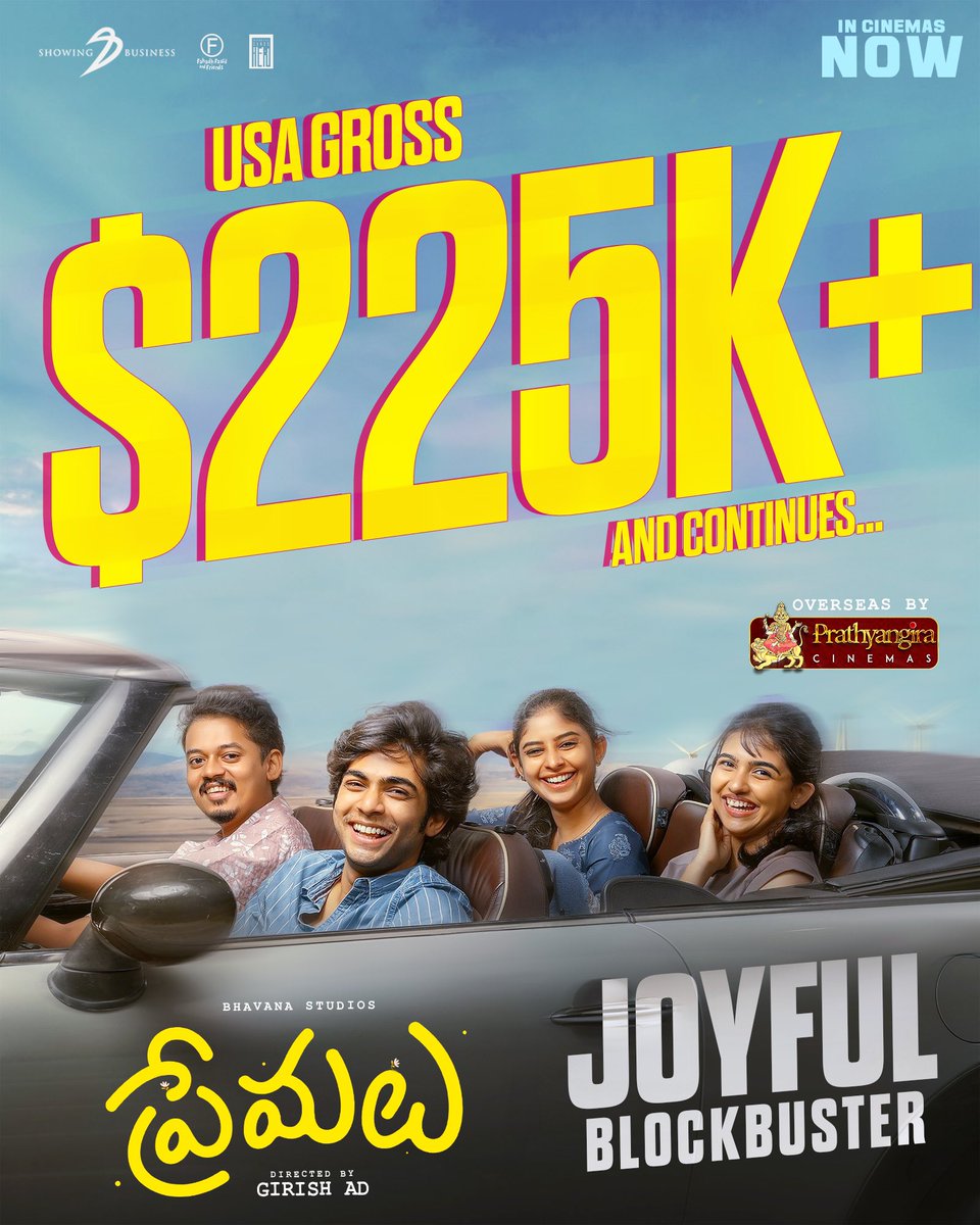 Each passing day the love grows more and more for #PremaluTelugu in USA 🇺🇸 Reported gross till now is at $225K+ and counting… Don’t miss this JOYFUL BLOCKBUSTER in cinemas near you.. #Premalu #PremaluWithGANG @SBbySSK @ssk1122