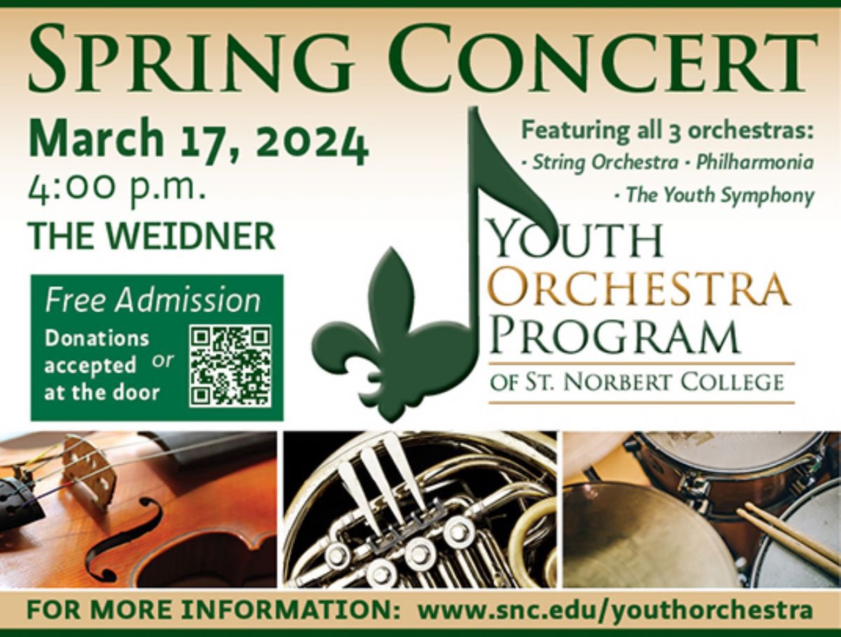 SNC’s Youth Orchestra Program performs in concert TOMORROW, Sunday March 17th! 
Bay Port students in both Orchestra AND Band participate in the Philharmonia and Youth Symphony ensembles– come support them! Attendance is free.