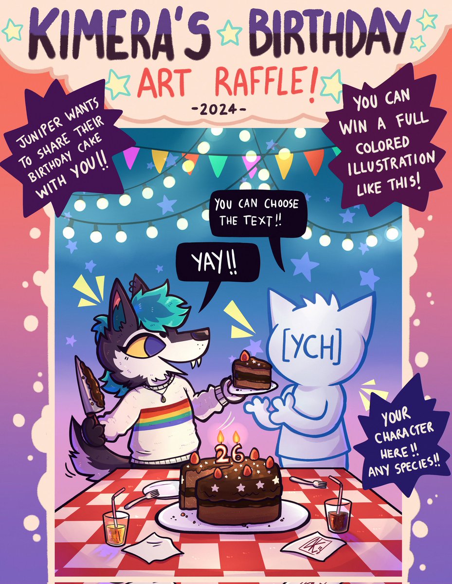 AlfaKimera's tweet photo. Okay so it's time to celebrate with a NITW style art raffle!! 🎉🎈🎂
🔥Rules to enter:
🔴Follow me
🟠RT &amp; like this post
🟣Optional: Reply with a reference of your character/fursona! 

🔥Ends: April 1st!! https://t.co/6MNqCHSr1P