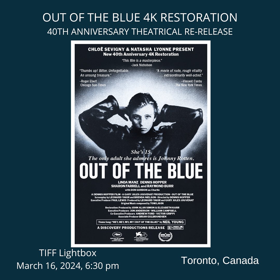 OUT OF THE BLUE is screening TONIGHT as part of TIFF Lightbox's 'Rebel Yell: Girlhood in the 1980s.' Introduction by series curator, writer, and producer Alicia Fletcher. @TIFF_NET @HopperMovieOOTB Tickets & Info: tiff.net/events/out-of-…