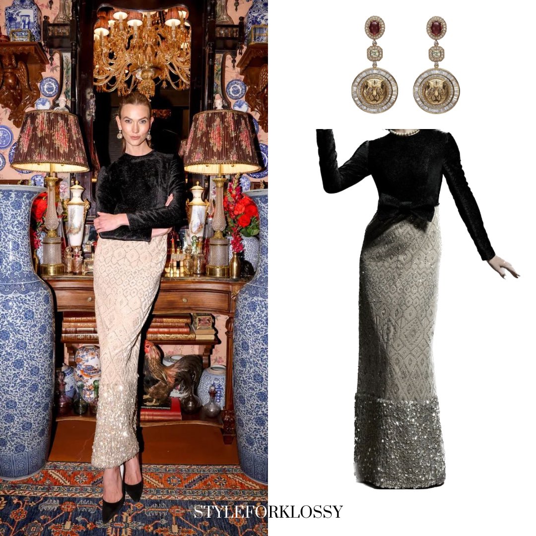 at the estée lauder x sabyasachi launch dinner party, karlie kloss wore:

— Sabyasachi, “The Bengal Tiger Medallion Drop Earrings”

— Floor-length Sabyasachi gown with a black bow from the Autumn/Winter 2023 Collection

march 12, 2024