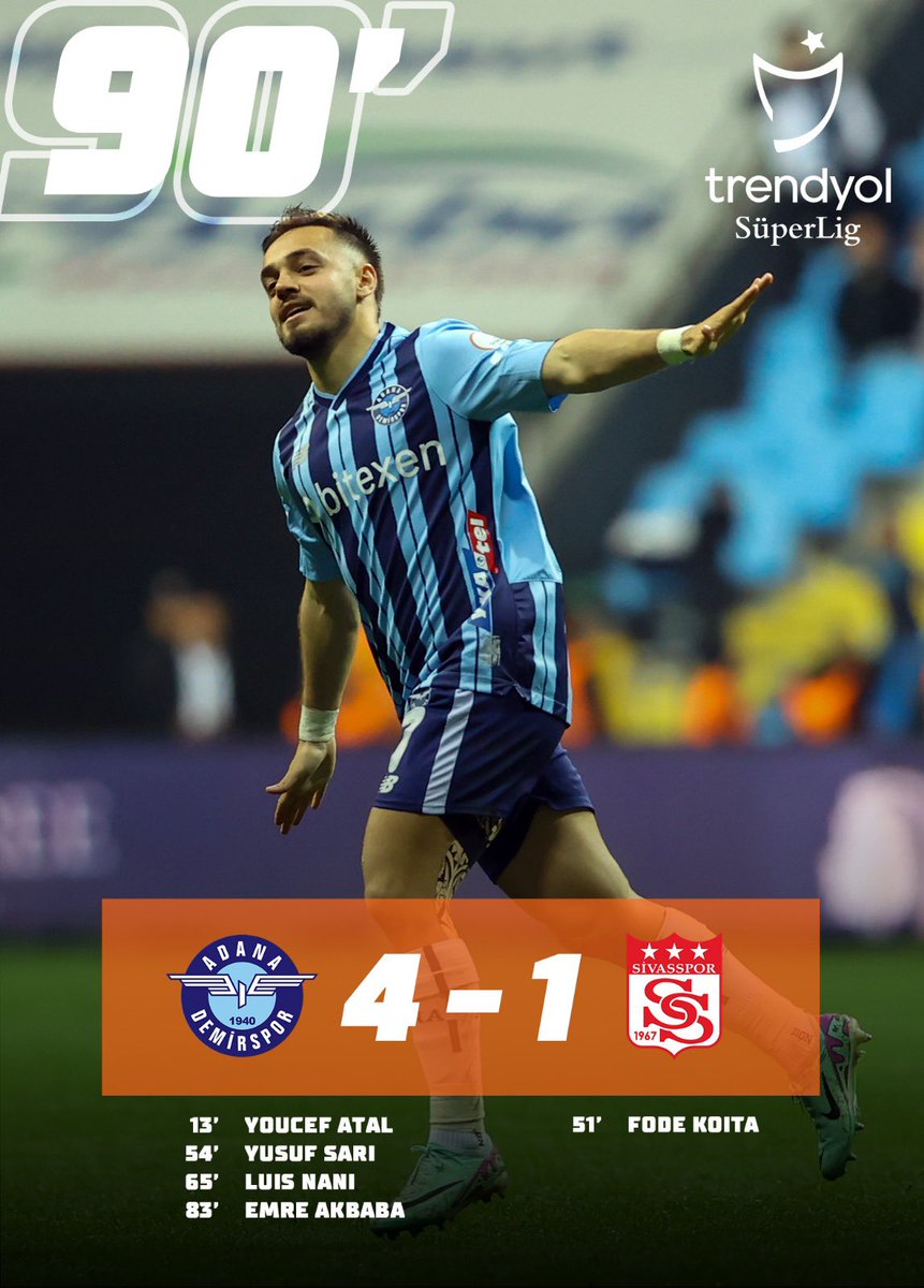 📌 Maç sonucu | #ADSvSVS 

Yukatel Adana Demirspor 4-1 EMS Yapı Sivasspor