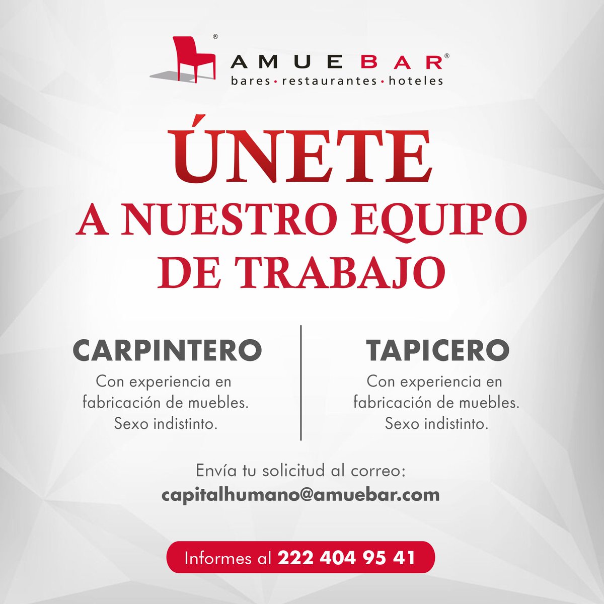 AMUEBAR's tweet photo. #ofertasdeempleo 🔨😉🪑 ¡SI ESTÁS BUSCANDO EMPLEO, ESTA ES TU OPORTUNIDAD! Únete a nuestro equipo de trabajo como #carpintero o #tapicero

Postúlate en el siguiente correo:
👉 capitalhumano@amuebar.com
☎️ Informes al: 222 404 95 41
#empleo #trabajo #BolsadeTrabajo #vacantes https://t.co/PYaZBtcDxg