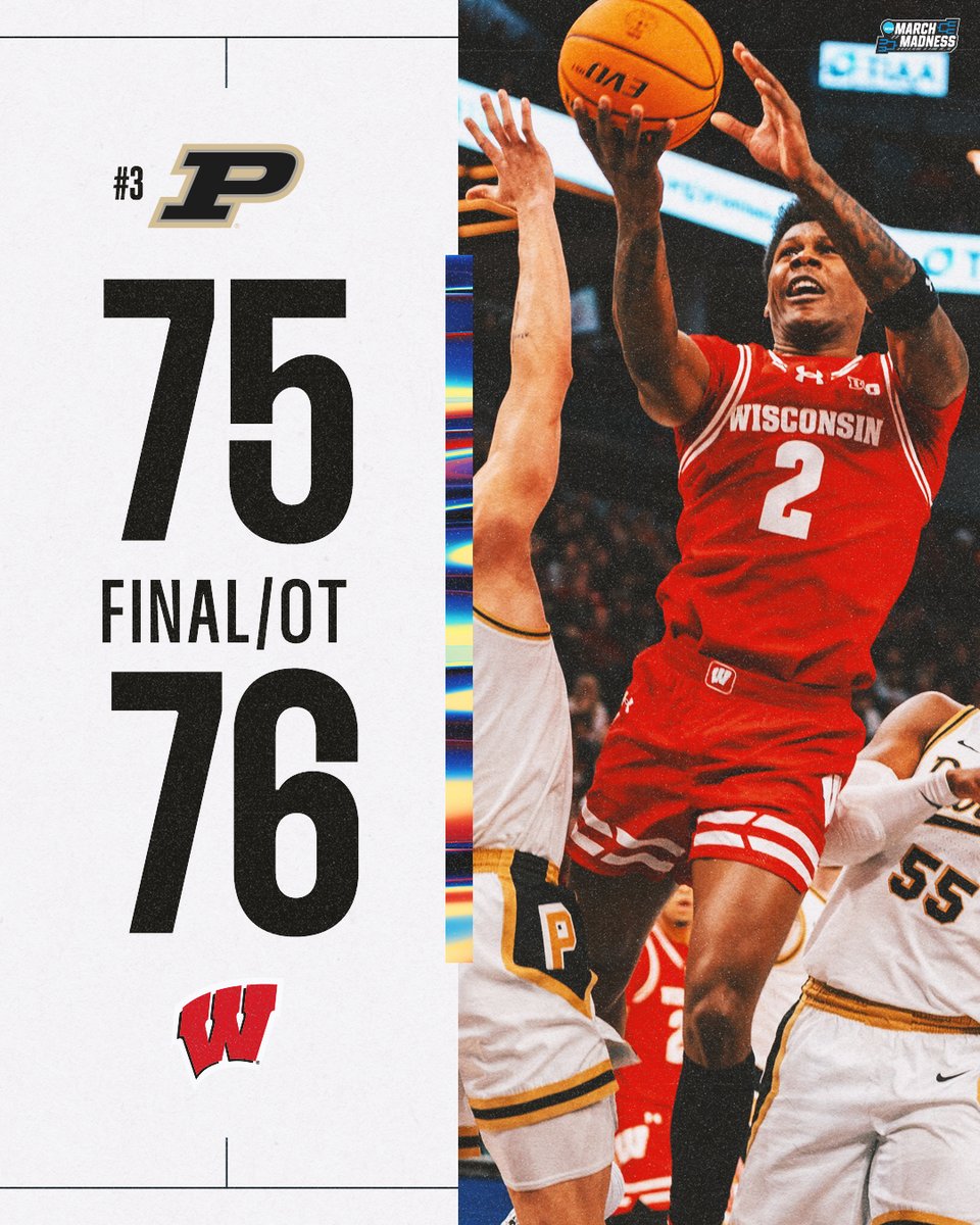 MarchMadnessMBB's tweet photo. WISCONSIN UPSETS NO. 3 PURDUE 🚨

The Badgers take down the Boilermakers in OT to advance to the Big Ten title game 😱 https://t.co/mXalqNLUdP