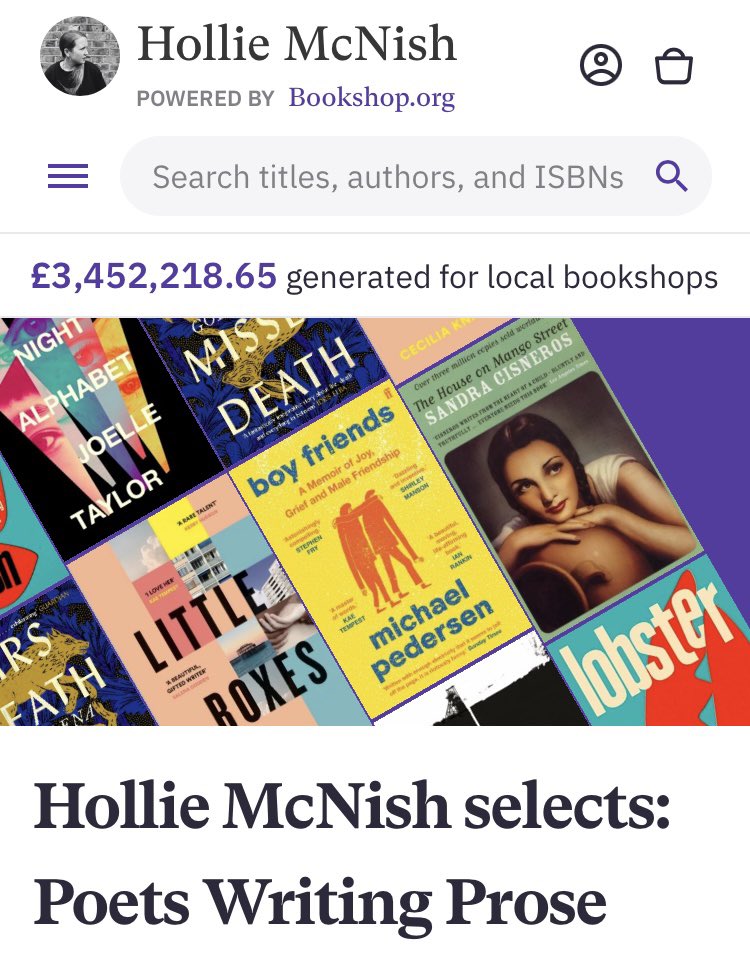 Oor @holliepoetry made a stoater of a list of poets writing prose for @bookshop_org_UK. Each on it thrums & soars for me too: @salenagodden @JTaylorTrash @AMcMillanPoet @ceciliaknapp & Sandra Cisneros. I’m chuffed to be alongside each of them. uk.bookshop.org/lists/hollie-m…