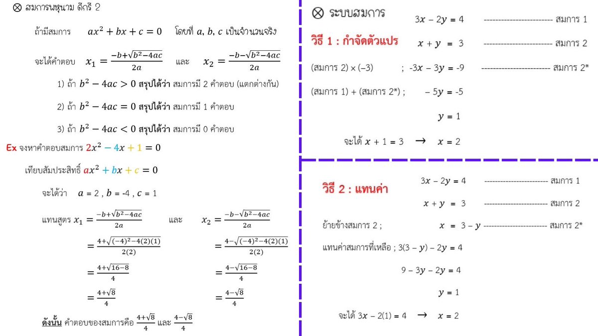 P_Est_'s tweet photo. แจกโพยคณิต A-Level 🩵💚
(หลายข้อเล่น Pattern เดิม)

1. สมการดีกรี 2 (สูตรใช้ได้เฉพาะ ดีกรี 2 เท่านั้น)
       • แนวแรก = สามารถใช้หาคำตอบ (ค่า x)
       • แนวสอง = โจทย์จะไปเล่นข้อ 1-3 เช่น โจทย์บอกสมการนี้ไม่มีคำตอบ ดั��นั้น สรุปได้ว่า บีกำลังสอง - สี่เอซี < 0 (หลังจากนั้นก็แก้อสมการ)

2. ระบบสมการ
        • วิธีกำจัดตัวแปร = หลักๆทำให้เลขหน้าตัวแปรเป็นเลขเดียวกัน(เหมือนตย.) แล้วบวกกันก็กำจัดตัวแปรได้
        • วิธีแทนค่า = ย้ายข้างให้เหลือตัวแปรเดียว แล้วเอาไปแทนค่าอีกสมการ 

๐ ข้อสอบจริงระบบสมการอาจเป็น 3 ตัวแปร เราจะใช้ “วิธีกำจัดตัวแปร” หลักๆก็ทำเหมือน 2 ตัวแปร แค่เรากำจัดตัวแปรหลายรอบ

3. อสมการ (มี 5 step)
        • อันนี้จำ pattern ไปใช้งานได้เลย

4. อสมการค่าสัมบูรณ์
        • หลักๆทำให้ฝั่งซ้ายเป็นแอพ & ย้ายทุกอย่างไปฝั่งขวาให้หมด (ทำให้หน้าแอพเป็น +1 ด้วยนะ) หลังจากนั้นก็ใช้ความรู้ข้อ 3 (อสมการ)

5. เมทริกซ์ผกผัน
         • อันนี้จำ pattern ไปใช้งานได้เลย
         • ถ้ามี Aอินเวิร์ส ก็แทนสูตรตรงๆก็จะได้ A

6. พื้นที่ใต้เส้นโค้ง (แนวค่า z)
         • อันนี้จำ pattern ไปใช้งานเลย (ออกทุกปี)

7. ตรรกศาสตร์
         • ต้องท่อ���ตารางค่าความจริงให้แม่น
         • สมมติเป็นเท็จ —> ถ้าเจอขัดแย้ง = สัจ
         • ถ้าเป็นสัจนิรันดร์ = สมเหตุสมผล
         • For All = จับเท็จ
         • For Some = จับจริง

8. Expo & Log
         • ต้องใช้สมบัติให้แม่นๆ
         • แนวฮิต จับก้อนที่เหมือนกัน = สร้างตัวแปร

***ตี 3 ไม่เกินจริง 5555555 เดี๋ยวมาต่อ😭😭

#พริ้เอส #dek67 #TCAS67 #Alevel67 #Alevel