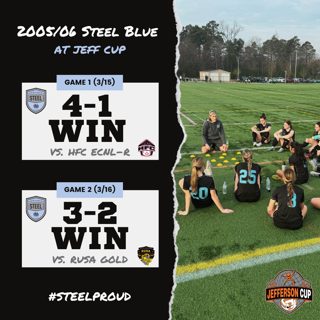 Northern Steel Soccer (@northernsteel_) on Twitter photo Northern <a href="/Steel2006Blue/">Northern Steel 05/06 Girls Blue</a> has had a great start to the weekend at the <a href="/jeffersoncup/">Jefferson Cup</a>! Steel Blue is 2-0 through their first 2 games. They play tomorrow at 9:40am versus CT Rush Select 2006. Good luck tomorrow, Blue!
#SteelProud #NorthernSteel #JeffCup Northern <a href="/Steel2006Blue/">Northern Steel 05/06 Girls Blue</a> has had a great start to the weekend at the <a href="/jeffersoncup/">Jefferson Cup</a>! Steel Blue is 2-0 through their first 2 games. They play tomorrow at 9:40am versus CT Rush Select 2006. Good luck tomorrow, Blue!
#SteelProud #NorthernSteel #JeffCup