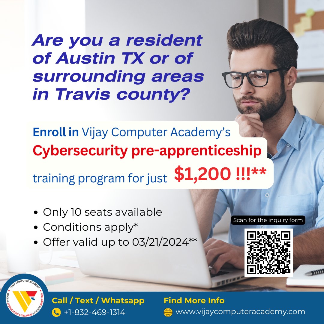 VCA presents a unique opportunity for individuals in Austin, TX, and nearby areas in Travis County. 💼 Reserve your spot today for just $1200 Offer valid until 03/21/2024** Conditions apply* Enroll Now vijaycomputeracademy.com/enroll-apprent… #cybersecurity #apprenticeship #texas #travis #tx