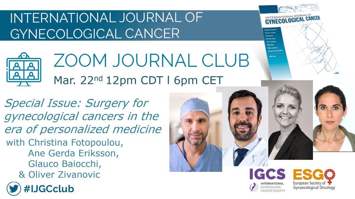 IJGC (@ijgconline) on Twitter photo Join us #IJGCclub
📆March 22
⏰12:00-12:45 pm CDT/6pm CET
Drs. <a href="/CF_PC_OvCaGroup/">Fotopoulou/Cunnea Ovarian Cancer Research group</a>, <a href="/agz_eriksson/">Ane Gerda Z Eriksson MD PhD</a>, <a href="/glaucobaiocchi/">Glauco Baiocchi</a>, <a href="/zivanovicmd/">Oliver Zivanovic</a> explore articles in our March special issue: #Surgery for gynecological cancers in the era of #personalized #medicine
💻 bit.ly/42KiZnb Join us #IJGCclub
📆March 22
⏰12:00-12:45 pm CDT/6pm CET
Drs. <a href="/CF_PC_OvCaGroup/">Fotopoulou/Cunnea Ovarian Cancer Research group</a>, <a href="/agz_eriksson/">Ane Gerda Z Eriksson MD PhD</a>, <a href="/glaucobaiocchi/">Glauco Baiocchi</a>, <a href="/zivanovicmd/">Oliver Zivanovic</a> explore articles in our March special issue: #Surgery for gynecological cancers in the era of #personalized #medicine
💻 bit.ly/42KiZnb