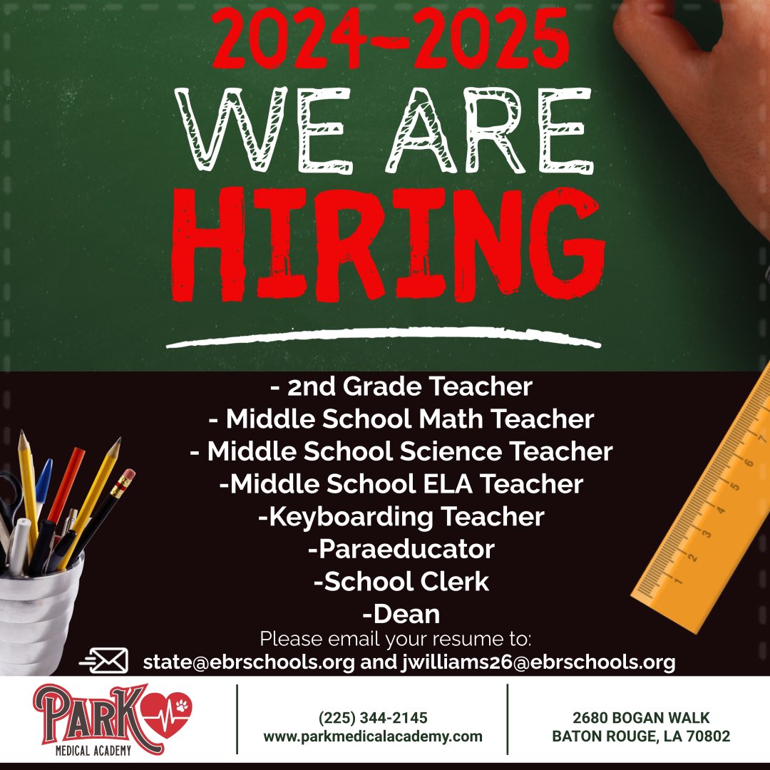 New positions available! We are growing and looking for “A FEW GOOD MEN AND WOMEN”! Check out our list of current positions that are available for the 24-25 school year. Email jwilliams26@ebrschools.org