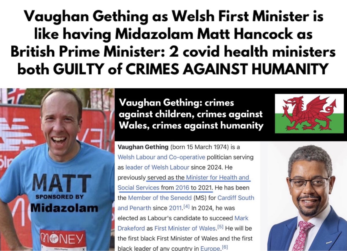 @FraserNelson Vaughan Gething as 🏴󠁧󠁢󠁷󠁬󠁳󠁿 First Minister @FraserNelson is just like having Matt Midazolam Hancock as 🇬🇧 Prime Minister; both men should be on trial for crimes against children & crimes against humanity...

#Wales #WalesCovidInquiry 

@statsjamie @GarethBale11 @Cymru @TheFreds