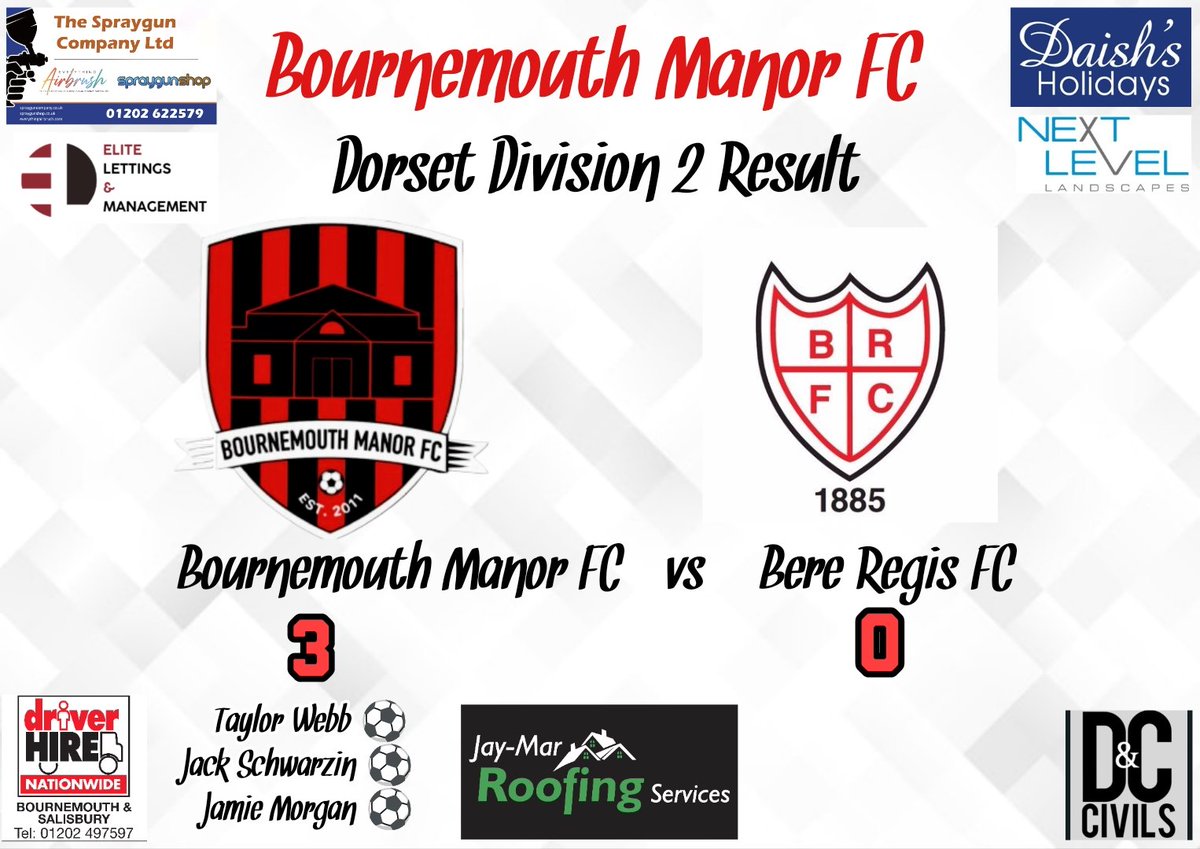 MANOR DO THE DOUBLE OVER BERE 

Bournemouth Manor shaked off last week's disappointment with an accomplished display down at the Manor.

Goals
⚽ Taylor Webb 
⚽ Jack Schwarzin
⚽ Jamie Morgan 

MOM - Mikael Carrington

#league #3points #performance #result #UTM🔴⚫
