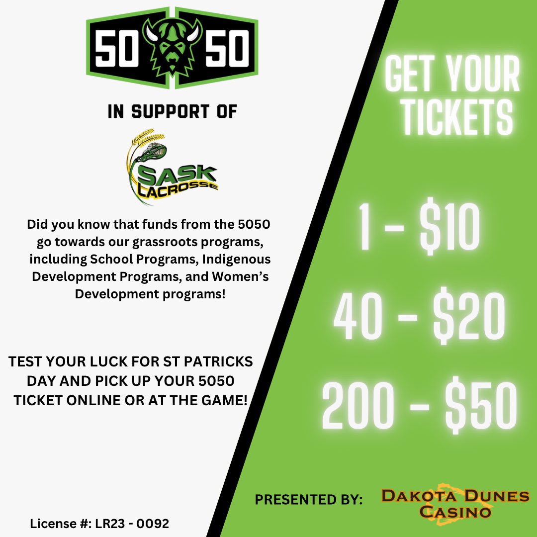SaskLacrosse's tweet photo. 🍀Get ready to test your luck with the Rush Game Day 50/50 draw! 🎉. Pick up your ticket online or at tonight’s @SaskRushLAX game for some extra cash and  to help grow Lacrosse across Saskatchewan! 
🔗 https://t.co/gnY187rhhM
#GrowTheGame #WinSomeCash https://t.co/EqsBgjbQVC
