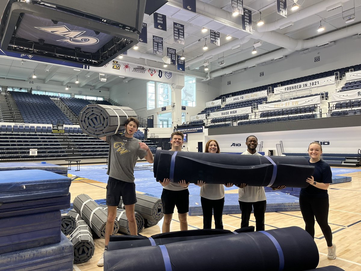 Shout to our marketing crew + <a href="/GWCompliance/">GW Compliance</a> for helping us set for <a href="/GW_Gymnastics/">GW Gymnastics</a> Senior day ! 
 
Together we raise Higher! #GWREVS