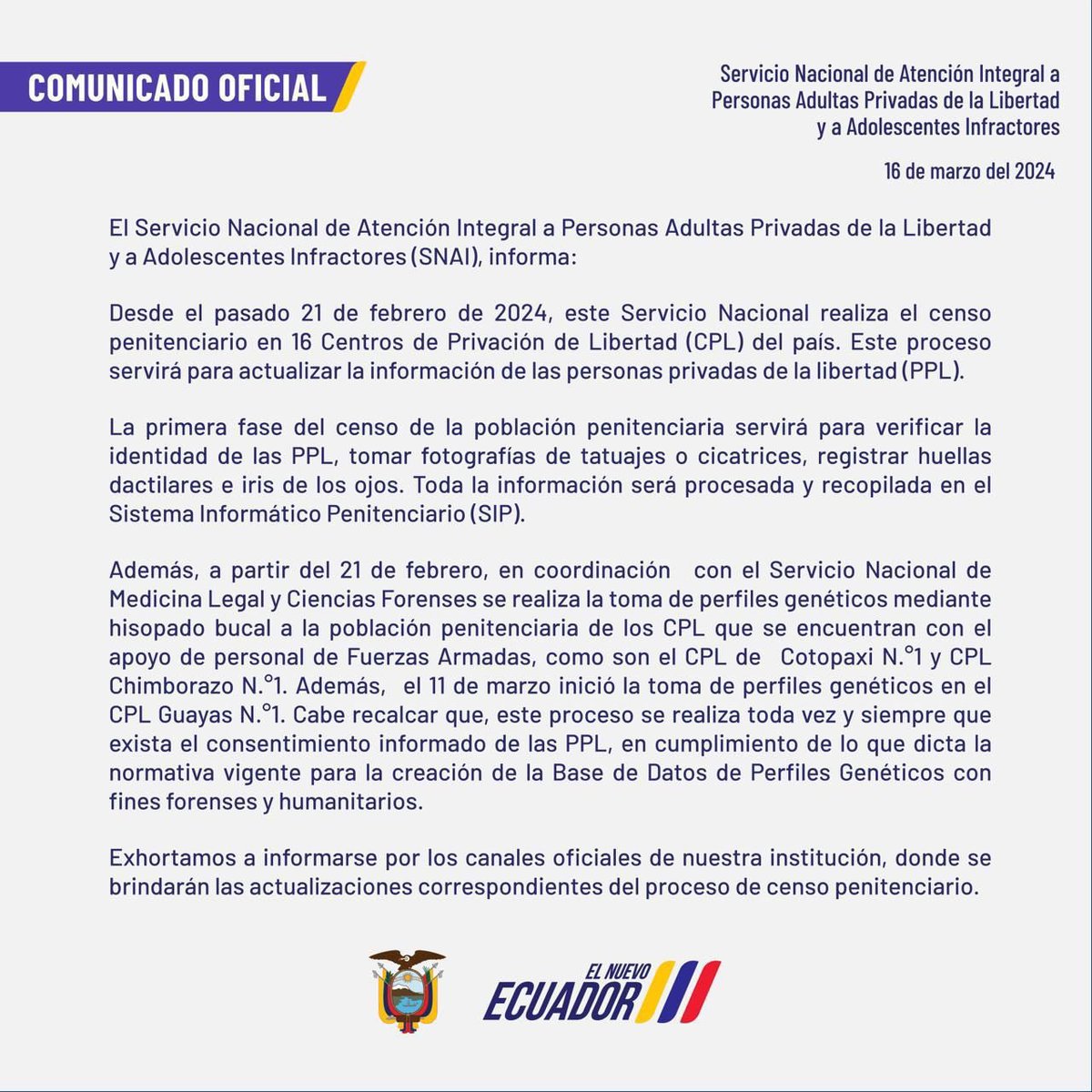 notimundoec's tweet photo. 🔴#URGENTE | Ante un reportaje en el que un medio internacional aseguró que el Gobierno crea “en secreto” una base de perfiles genéticos de delincuentes, el @SNAI_Ec aclara que, como parte del censo penitenciario y con el consentimiento de los reos, realizan tomas de perfiles genéticos.