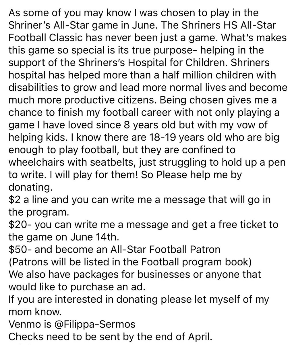 AlexanderSermos's tweet photo. As some of you may know I was chosen to play in the Shriner’s All-Star game in June. Please take a moment to read my post below. I am grateful to all that can share and donate. https://t.co/XJb5QnKQDG