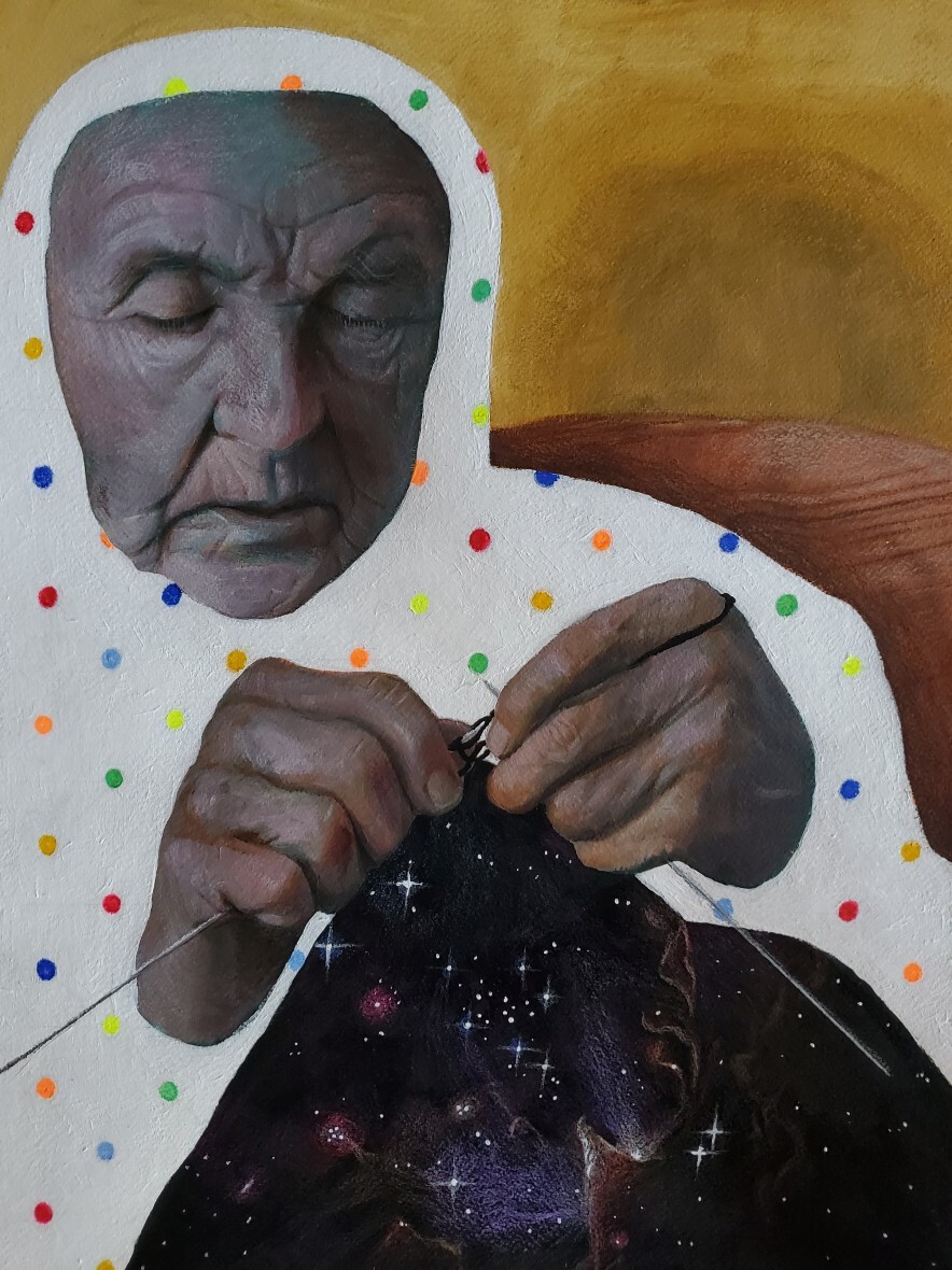 the cosmic tailor acrylic paint, colored pencil, and ink