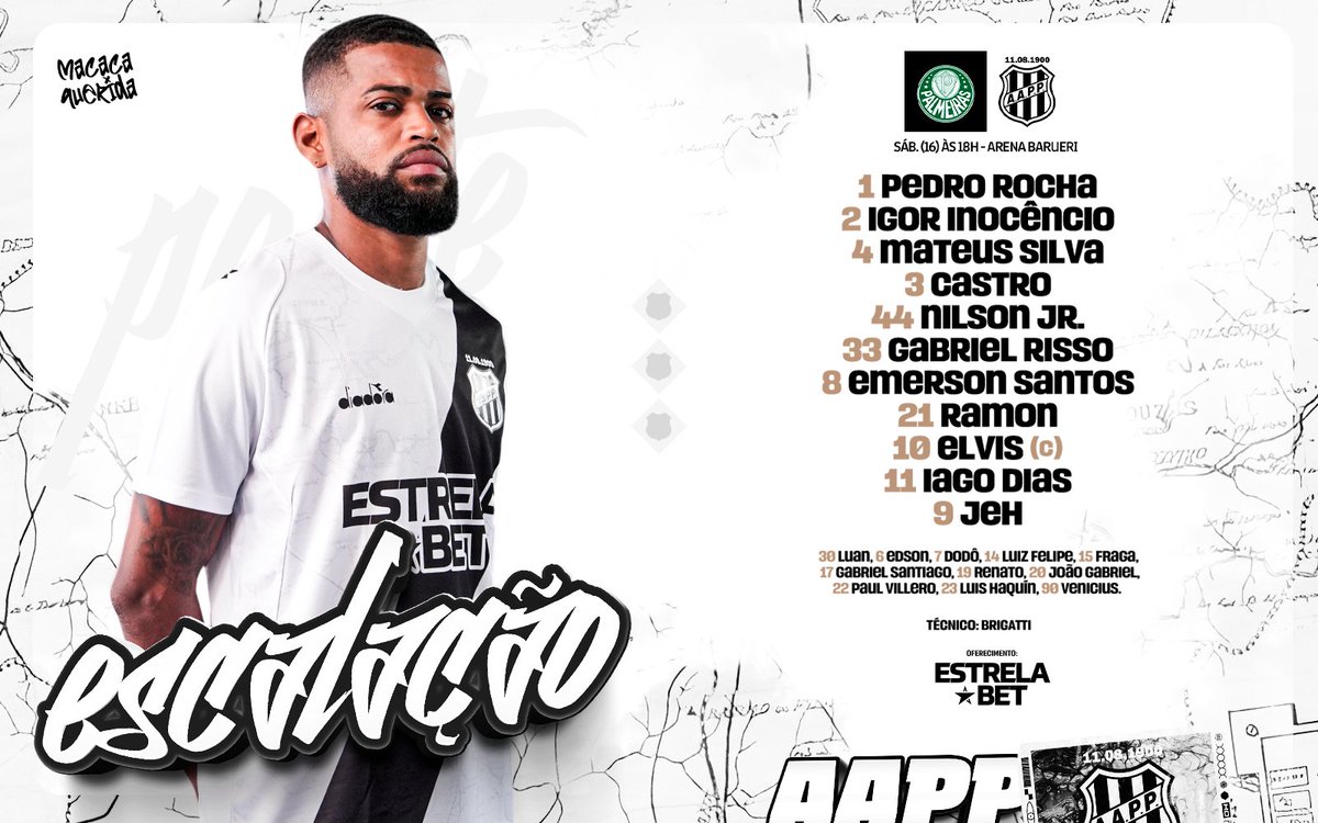 aapp_oficial's tweet image. NOSSO TIME ESTÁ EM CAMPO E A NAÇÃO JOGA JUNTO! A Ponte Preta está escalada para enfrentar o Palmeiras pelas quartas do @Paulistao Vamos, Ponte! 

#EstrelaBet #CortagBrasil #FirstCapital #Diadora #FatalModel #BildDiagnóstico #BrotoLegal #LindoyaVerão #ÚnicaSaúde #HCConstrutora