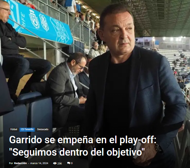 #TenerifeHuesca @CDTOficial 
El 'chiste' de Garrido tendría gracia si no se refiriera a nuestro club, que tiene más de 100 años de historia y miles de aficionados

Garitano sigue siendo el entrenador por su empeño personal

41/31=1,32 x 42= 55,4 puntos