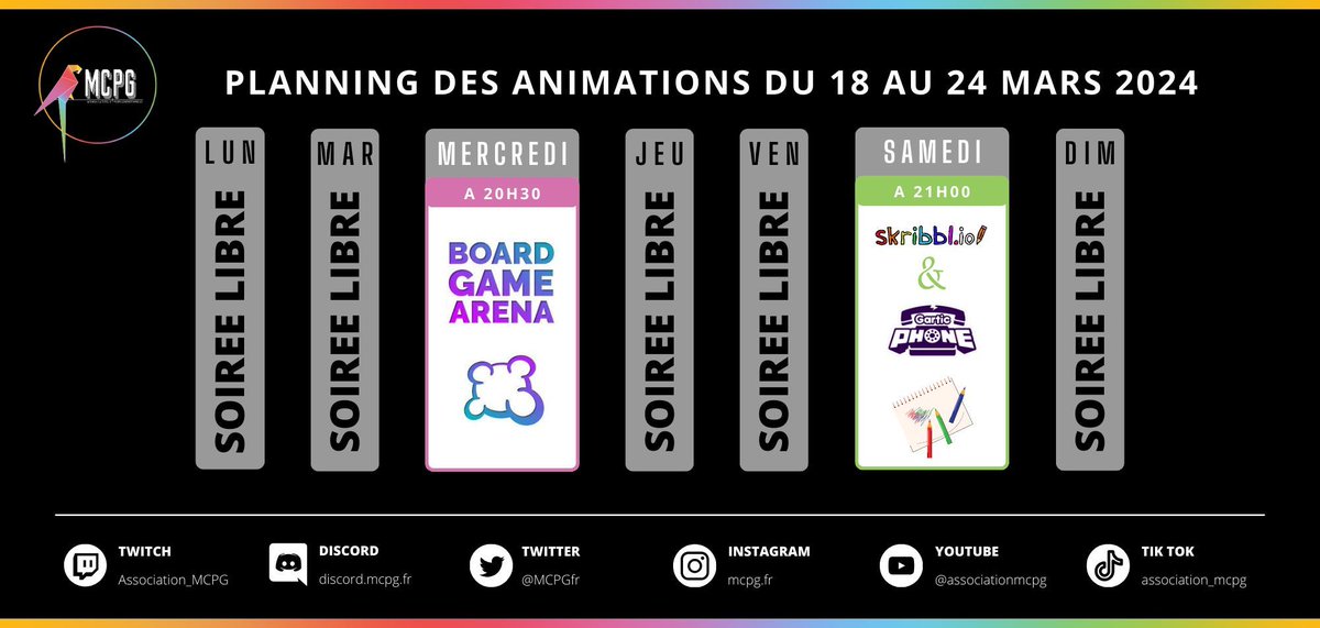 MCPGfr's tweet photo. Voici le #PlanningDeLaSemaine ! Cette semaine, #BoardGameArena le mercredi et samedi full fou rire avec un #Garticphone et #Skribble.io 🎉Notre Discord, c'est par ici 👉 https://t.co/pkALYFYk9L N'hésite pas à rejoindre la communauté✨ https://t.co/9hUZQxHcoA