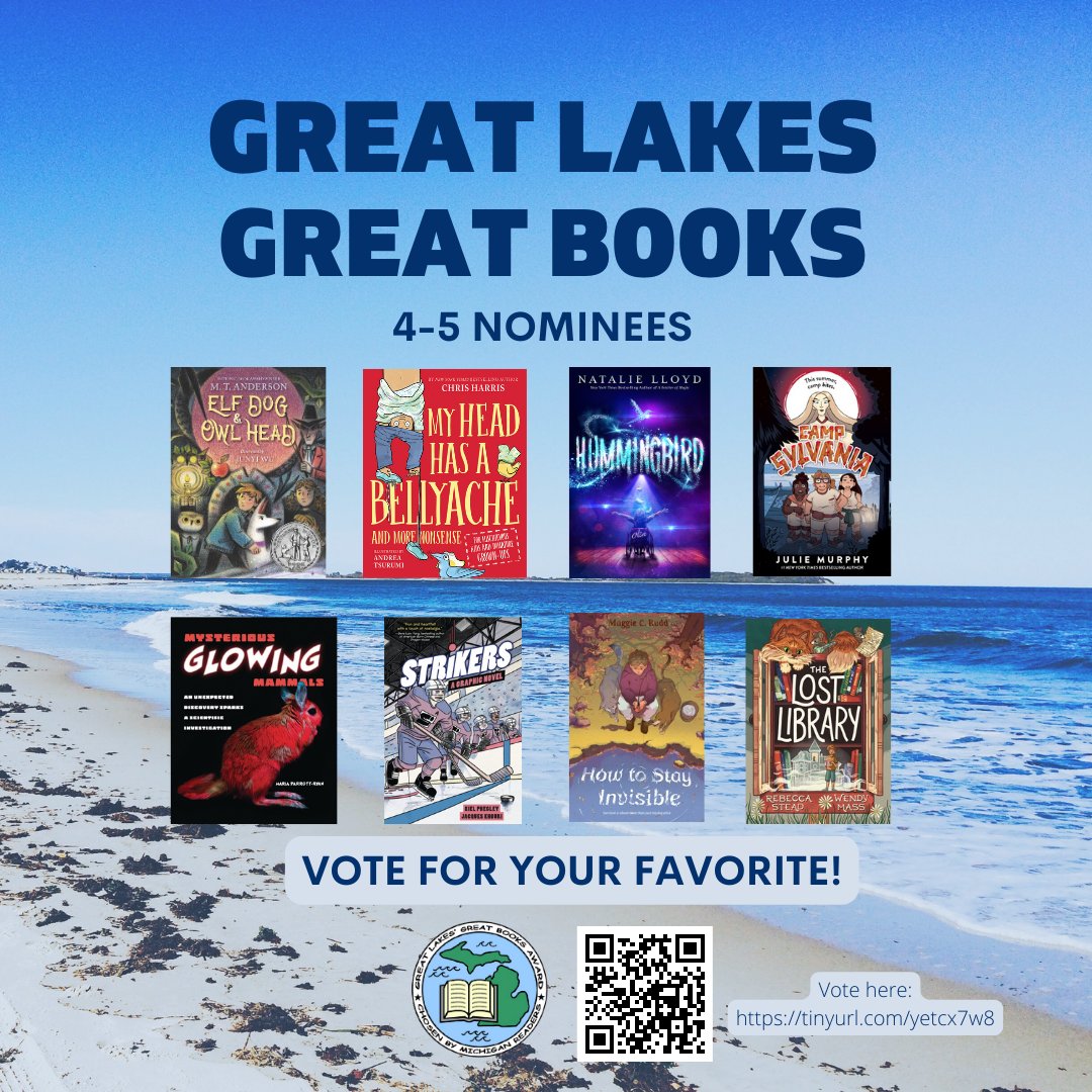 Michigan Great Lakes Great Books Award (@michglgbooks) on Twitter photo Congratulations to our 4-5 nominees for 2024-25! <a href="/michiganreading/">Mich Reading Assoc</a>
Nominees: <a href="/_MTAnderson/">M. T. Anderson</a> #JunyiWu <a href="/justchrisharris/">Chris Harris</a> <a href="/AndreaTsurumi/">Andrea Tsurumi</a> <a href="/_natalielloyd/">Natalie Lloyd Updates</a> <a href="/andimJULIE/">Julie Murphy</a> #MariaParrottRyan <a href="/KielPhegley/">Kiel Phegley</a> #JacquesKhouri #MaggieCRudd #RebeccaStead <a href="/wenmass/">wendy mass</a> Congratulations to our 4-5 nominees for 2024-25! <a href="/michiganreading/">Mich Reading Assoc</a>
Nominees: <a href="/_MTAnderson/">M. T. Anderson</a> #JunyiWu <a href="/justchrisharris/">Chris Harris</a> <a href="/AndreaTsurumi/">Andrea Tsurumi</a> <a href="/_natalielloyd/">Natalie Lloyd Updates</a> <a href="/andimJULIE/">Julie Murphy</a> #MariaParrottRyan <a href="/KielPhegley/">Kiel Phegley</a> #JacquesKhouri #MaggieCRudd #RebeccaStead <a href="/wenmass/">wendy mass</a>