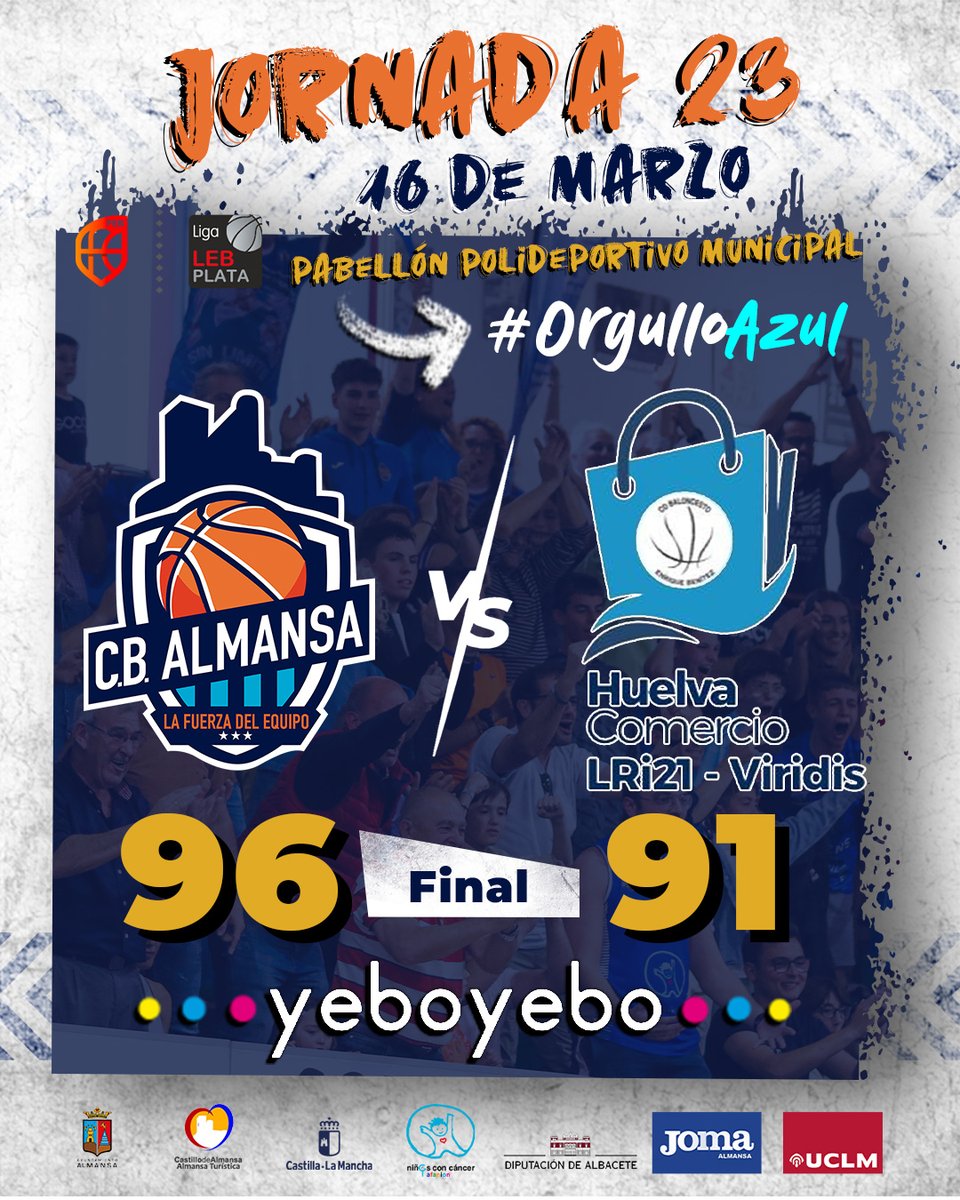 CBAlmansa's tweet photo. 🏀 | ¡Victoria! Tras un partido durísimo ante @HuelvaComercioL, el CB Almansa con @AFANION_ consigue un triunfo importantísimo y además, el basketaverage con los onubenses.

¡Gracias por el apoyo, #MareaAzul! 🤩

#OrgulloAzul #JuntosSomosMásFuertes #LaFuerzaDelEquipo https://t.co/QsFhBtzbSG