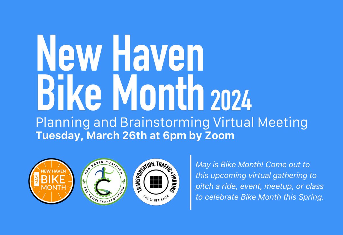 Caroline Tanbee Smith (@carolinetanbee) on Twitter photo We are gearing up for Bike Month 2024 in May! Join <a href="/bikemonthnhv/">New Haven Bike Month</a>, <a href="/NHCAT1/">New Haven Coalition for Active Transportation</a>, and <a href="/NewHavenDOT/">New Haven TT&P Dept.</a> for a Bike Month planning and brainstorming meeting.
During this meeting, you can pitch a ride, event, or activity for Bike Month in May 2024! Register here: us06web.zoom.us/meeting/regist… We are gearing up for Bike Month 2024 in May! Join <a href="/bikemonthnhv/">New Haven Bike Month</a>, <a href="/NHCAT1/">New Haven Coalition for Active Transportation</a>, and <a href="/NewHavenDOT/">New Haven TT&P Dept.</a> for a Bike Month planning and brainstorming meeting.
During this meeting, you can pitch a ride, event, or activity for Bike Month in May 2024! Register here: us06web.zoom.us/meeting/regist…