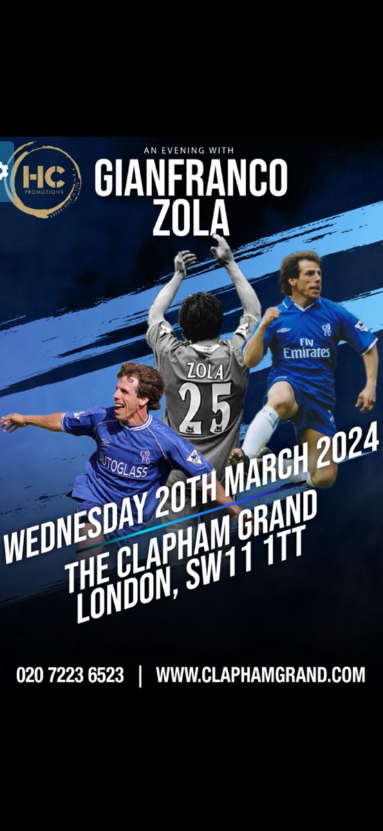 Big opportunity to witness a special evening featuring Gianfranco Zola talking about his career & time @ChelseaFC hosted by @talkSPORT presenter @jasoncundy05 tickets still available at the website below. @TheClaphamGrand Wednesday 20th March ⚽️💙👌🏾