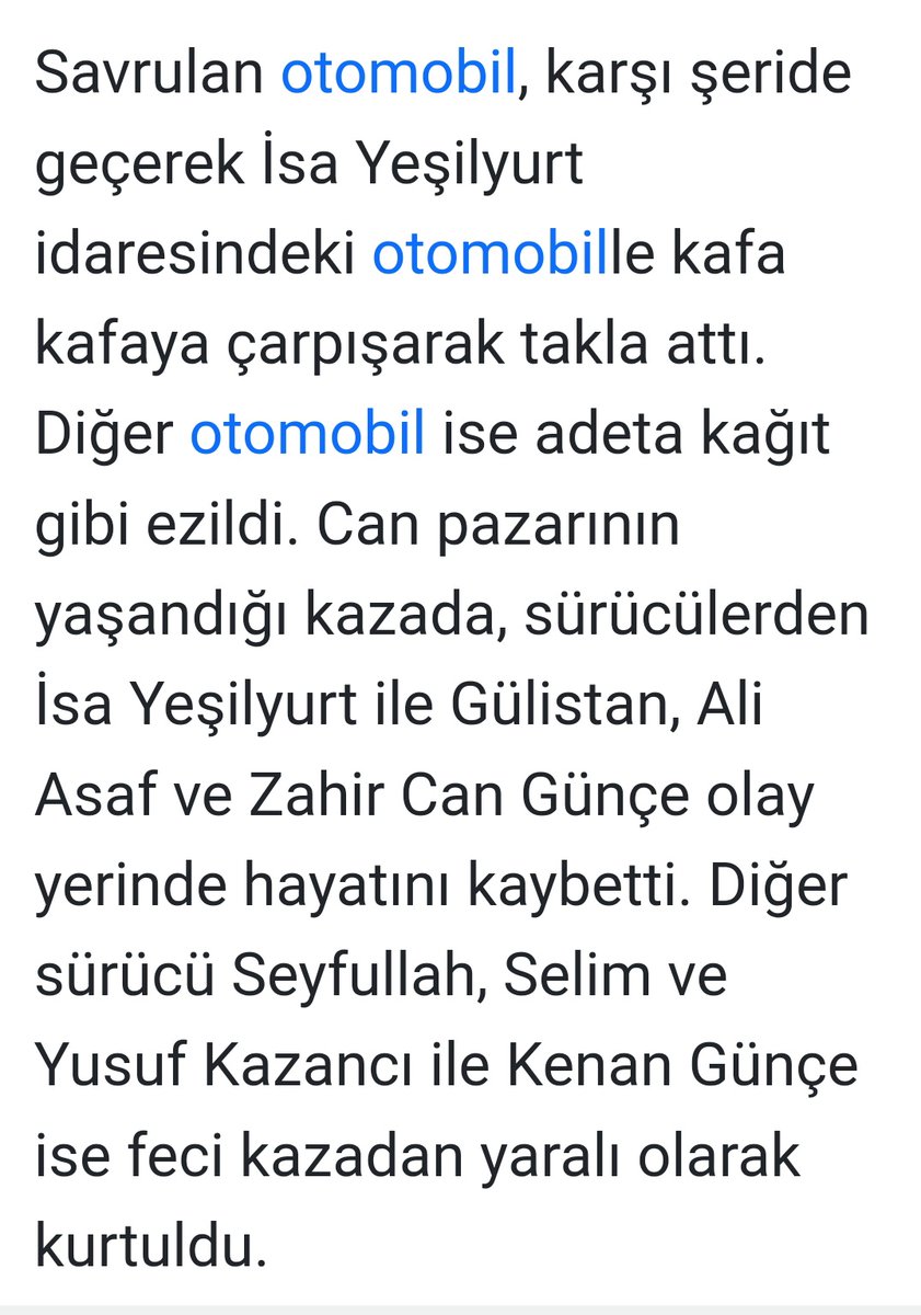 İsa Yeşilyurt, Gülistan,Ali Asaf ve Zahir Can Günçe:19 Nisan 2023 Kahramanmaraş'ta yola fırlayan köpeğe çarpmamak için manevra yapan otomobil karşı şeride geçerek Yeşilyurt idaresindeki otomobille kafa kafaya çarpıştı,otomobil kağıt gibi ezildi,4 kişi öldü sabah.com.tr/video/yasam/ka…