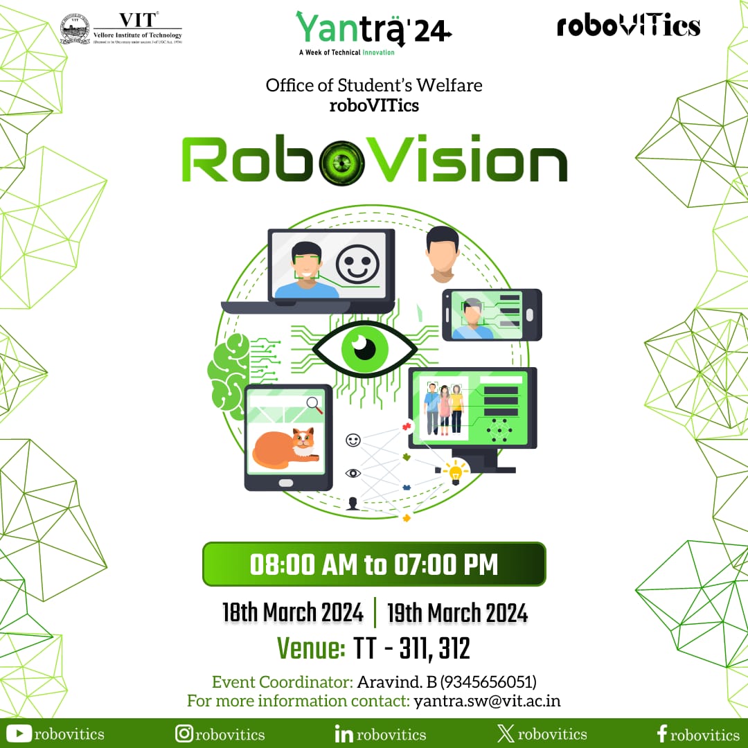 RoboVITics_HQ's tweet photo. Gear up for RoboVision, the ultimate workshop where Robotics meets AI! Bridge the gap between AI algorithms and actual robots – it's not just sci-fi anymore! 

#RoboVision #vitvellore #robovitics #Robotics #AI #Workshop #ObjectDetection #GestureRecognition #HandsOnLearning https://t.co/wN5juLzXnb