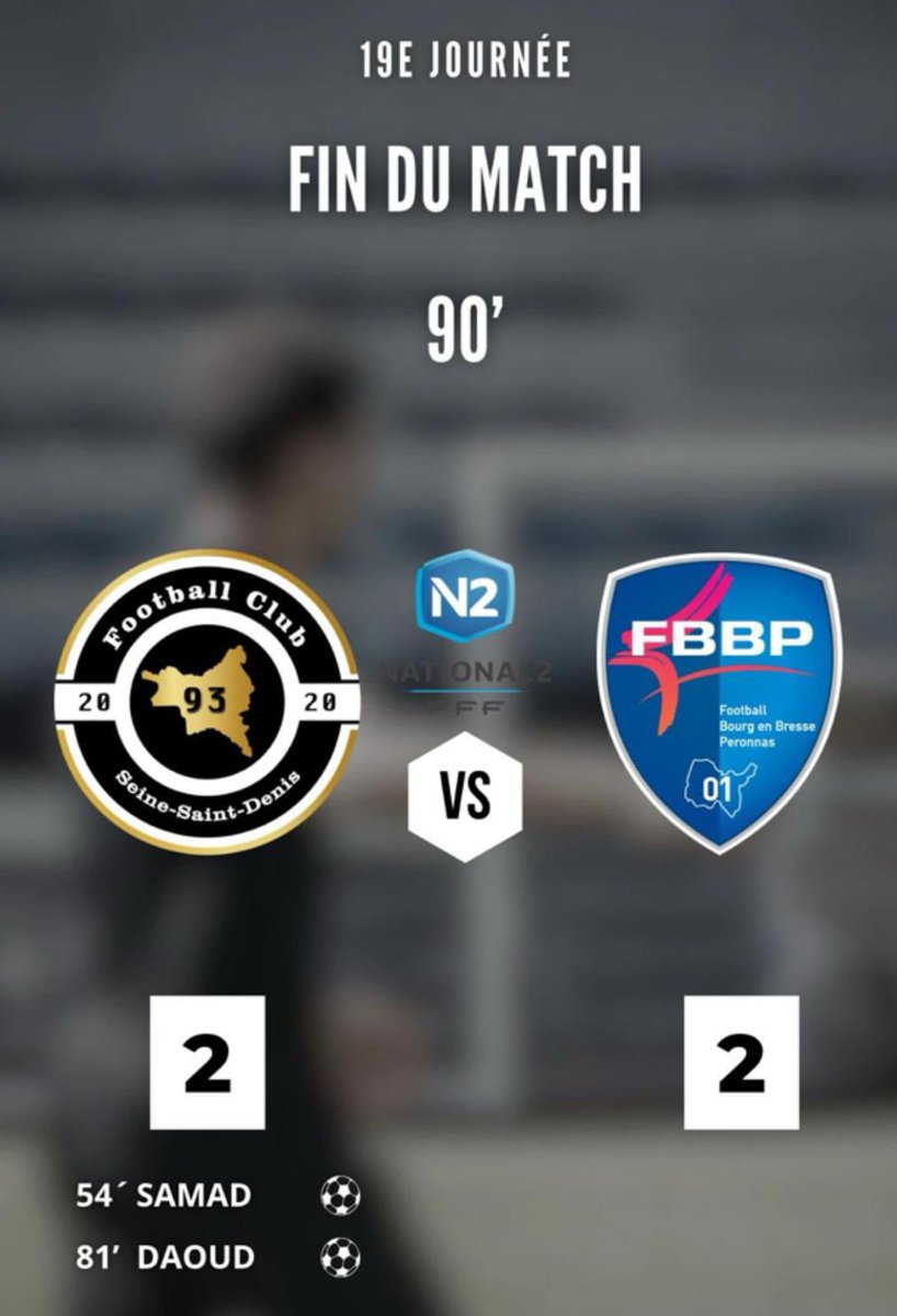 🔚 90+5' FIN DU MATCH ! Match nul pour le FC93 face à une belle équipe de @FBBP01 Un résultat frustrant, mais malgré tout, nous avons assisté à un super match de football👌💥 @District93foot @LPIFF75