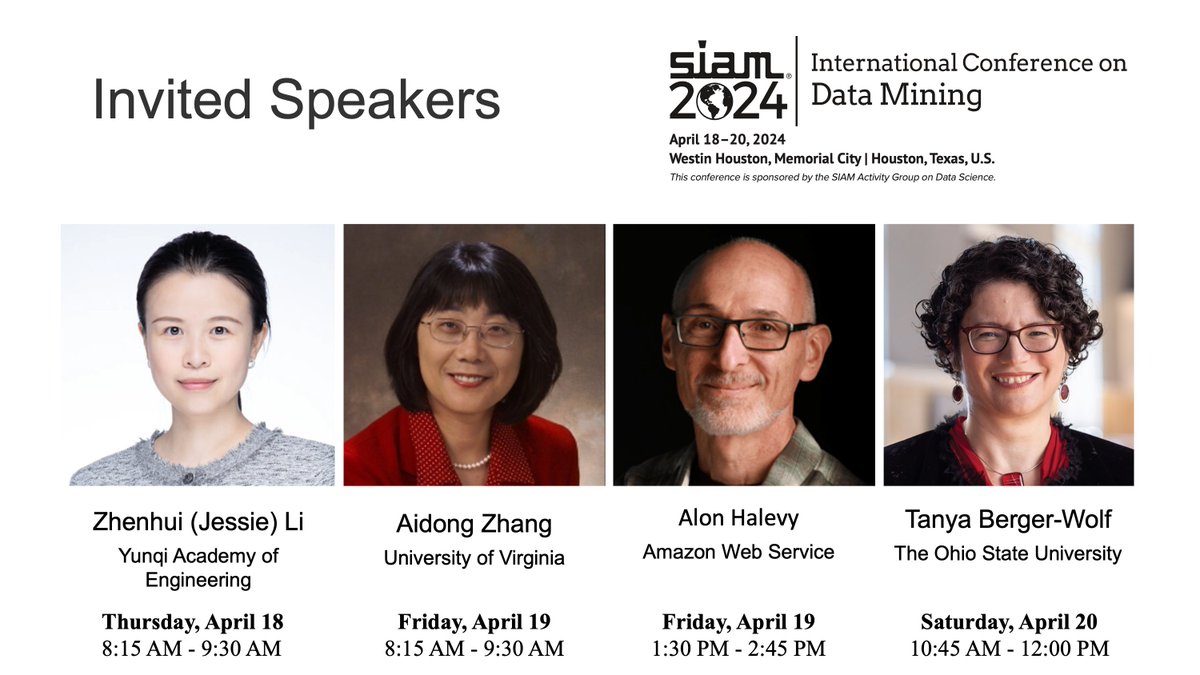 🎤 Excited to announce the stellar lineup of invited speakers for the upcoming SIAM SDM 2024! 📷 Get ready to be inspired by leading researchers in the field as they share their insights, strategies, and cutting-edge discoveries! #SIAMSDM24 #DataMining #KeynoteSpeakers