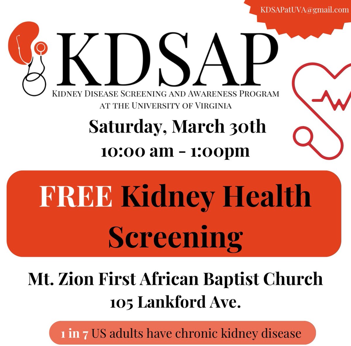 We are hosting a FREE kidney disease health screening! Come and get tested! We'd love to serve as many community members as possible, so please spread the word! Let's learn about our kidney health together! @UVANeph