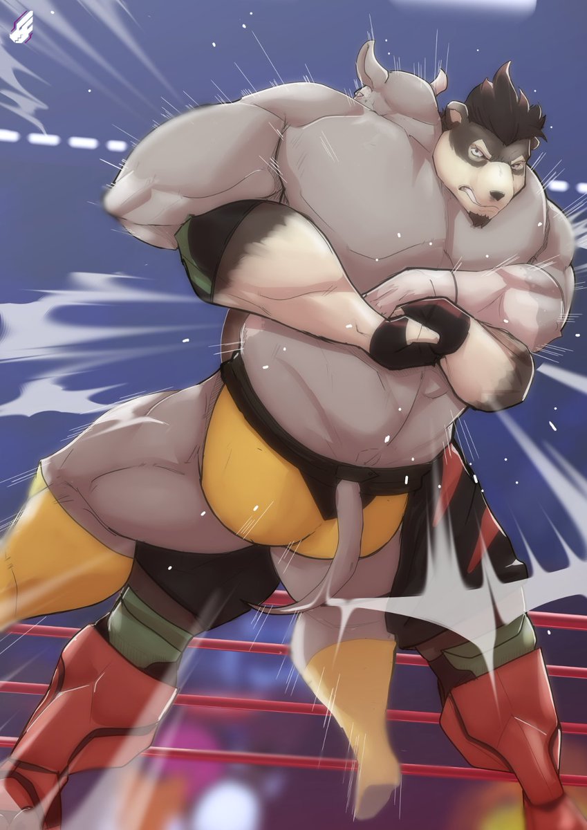 Intense battle scene as Monty dominates Rocky ! The victor's triumph is palpable, while the defeated's struggle is evident. A moment frozen in time, capturing the raw emotions of victory and defeat. #FurryWrestling #MuscleMania #DigitalArt Commssion for @BriskyCoyote