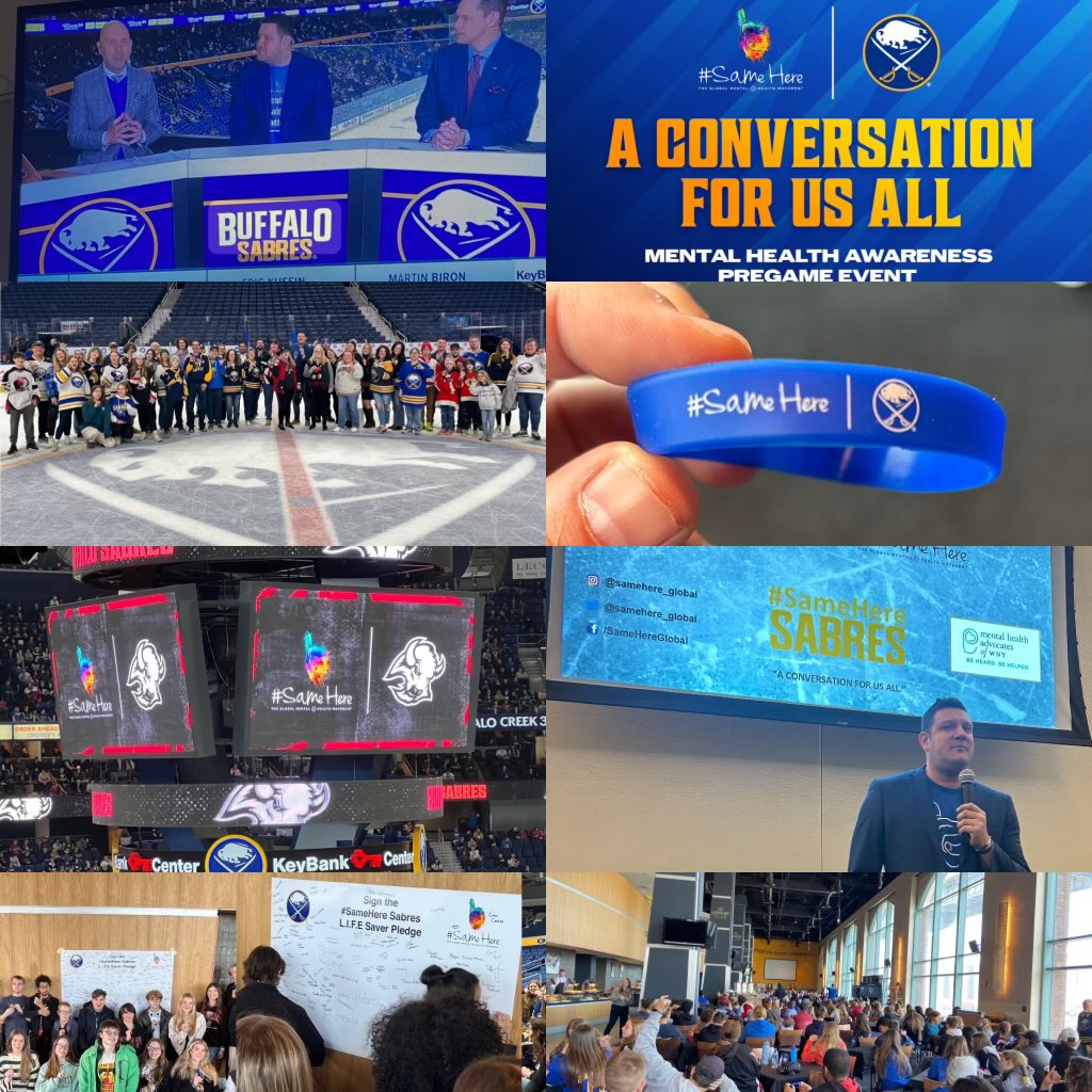darrenrovell's tweet photo. “Fights Cancer” nights were normalized thru the sports world. For so long, cancer was a polarizing topic. Now we all rally together in stadiums/arenas.

We need sports teams to help normalize the mental health convo. 

Proud the @BuffaloSabres did that for @SameHere_Global this past week with #SameHereSabres night, pregame,  in-game, on a big stage.