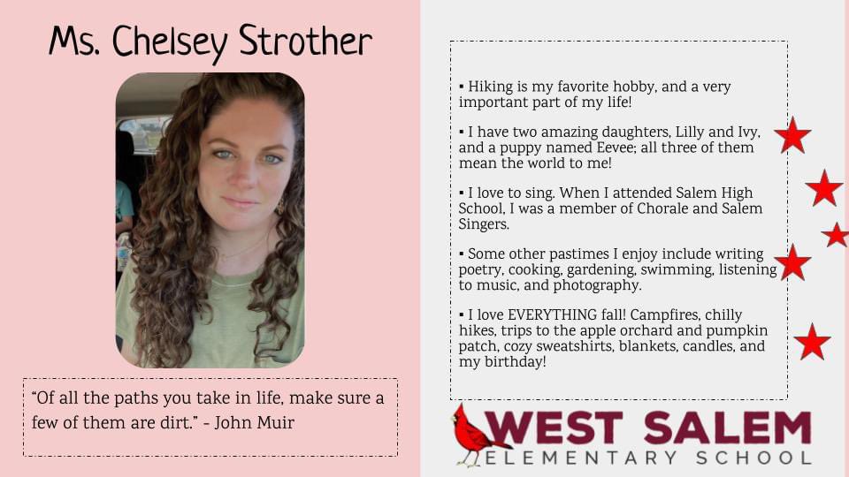 Spotlight on Ms. Strother, one of our amazing WSES Instructional Assistants AND West Salem Parents...  You can find Ms. Strother in our Pre-school patiently and lovingly helping our youngest cardinals develop and grow as WSES learners!  We are grateful for you, Ms. Strother!