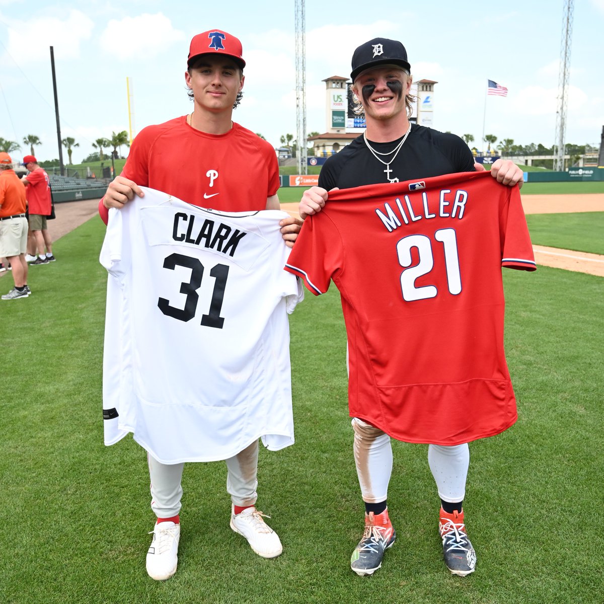 2023 first-rounders + Top 100 prospects Aidan Miller and Max Clark link up at #SpringBreakout for a jersey swap 🤝